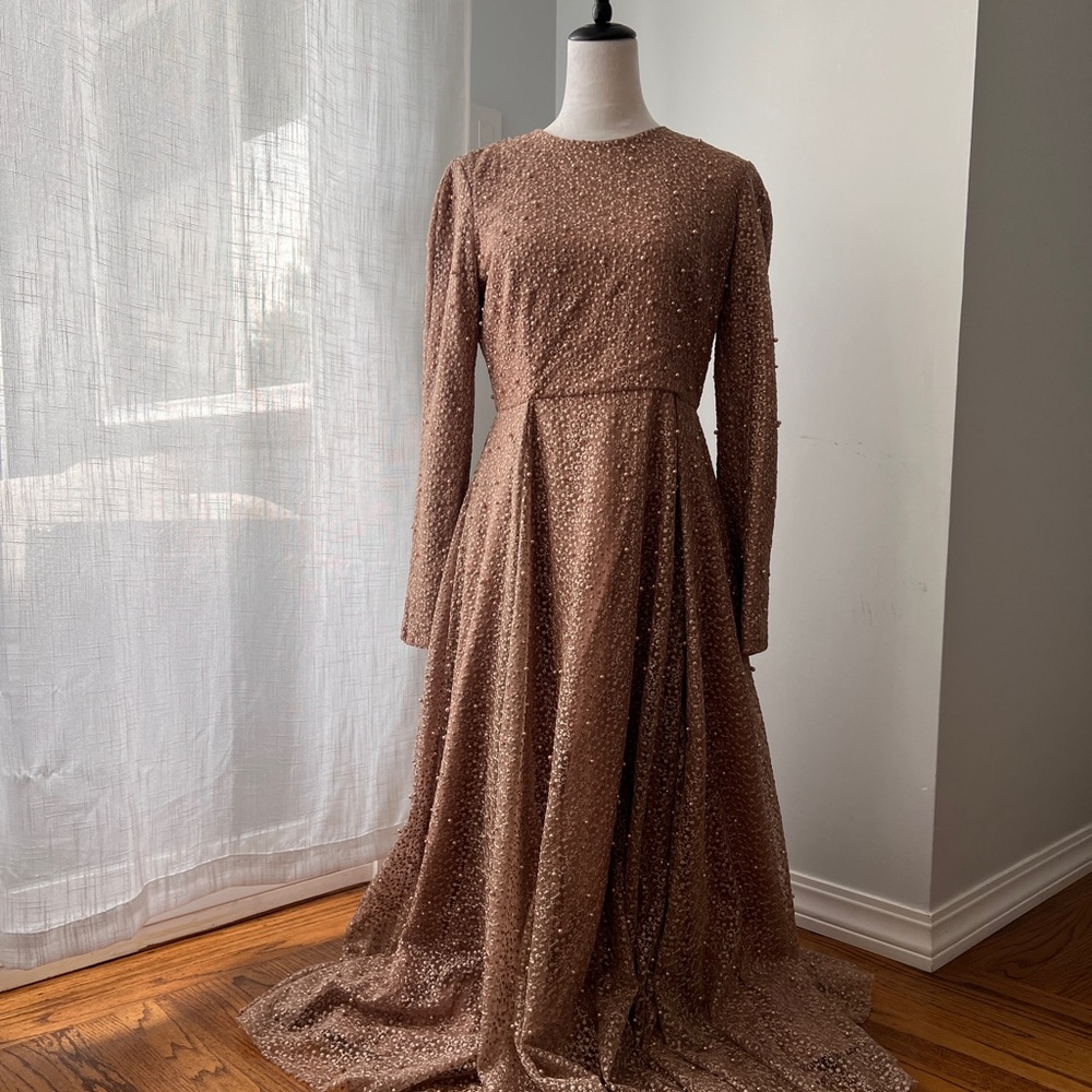 Modest brocade maxi gown with long sleeves